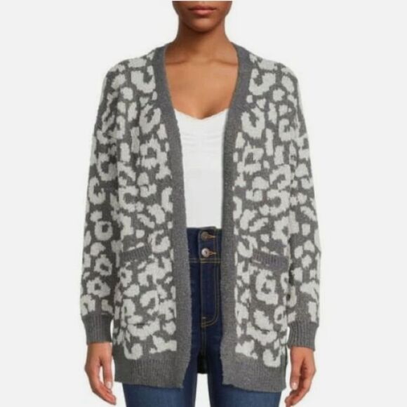 Dreamers Gray And White Open Front Floral Print Cardigan - Size Large - Picture 1 of 12